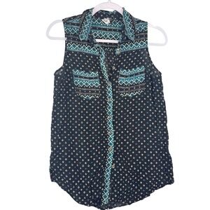 Anthropologie Akemi + Kin Navy Teal Geometric Sleeveless Button Down Top XS
